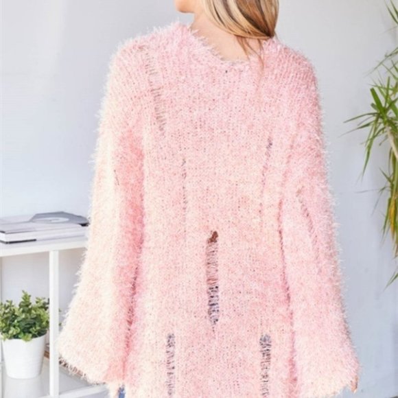 Comfy Oversized Fuzzy Pink Distressed Sweater - Picture 3 of 6